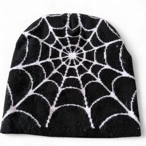 Spiderweb Beanie Black White Goth Emo Y2K Grunge Alt Skater Soft Knit Hat
